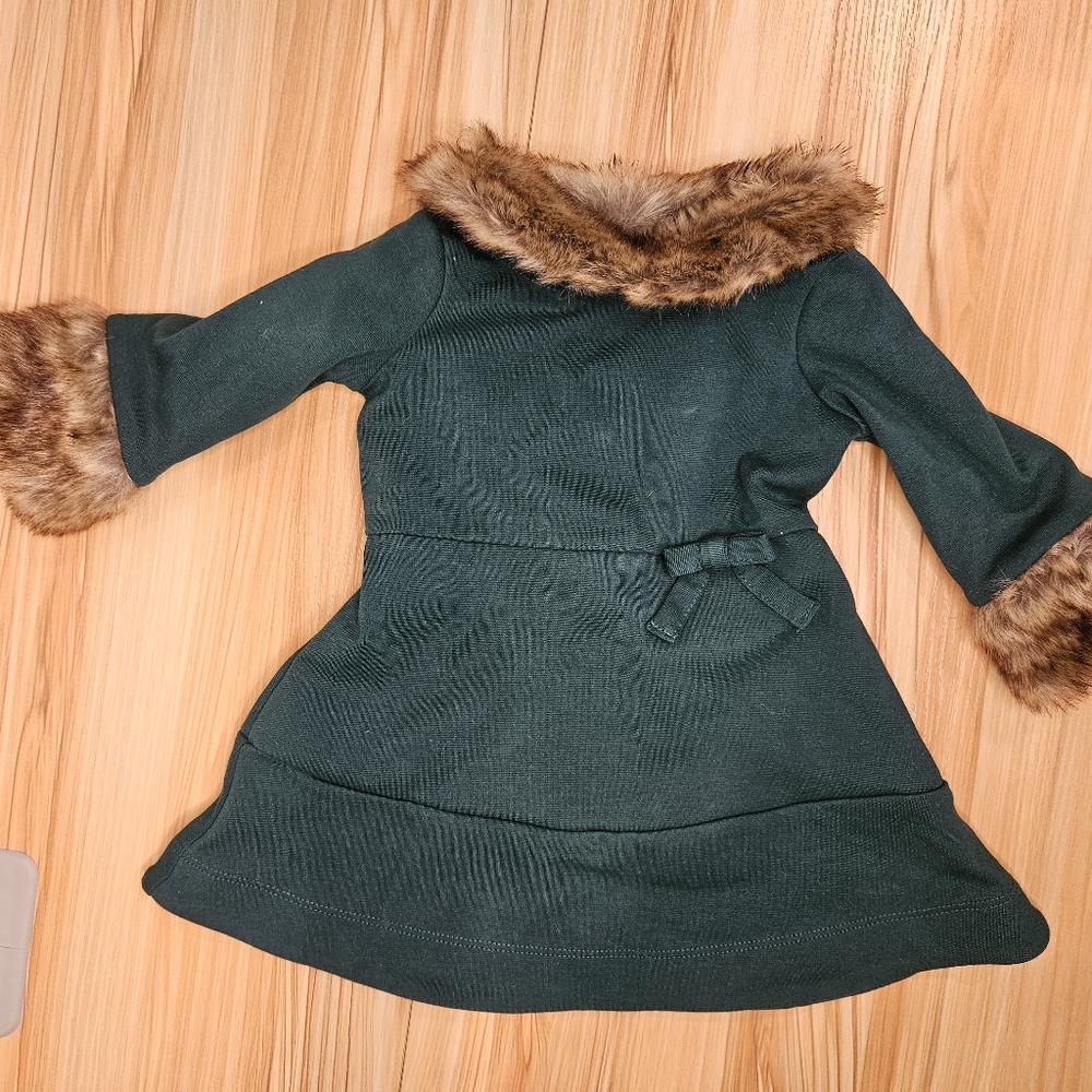 Infant Green Dress with Faux Fur Trim Size 6mo
